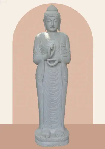 Product image of the product “Standing Buddha made of Riverstone in Dharmachakra position - gesture of wheel of the teaching of Dharma. About 181cm height. ”